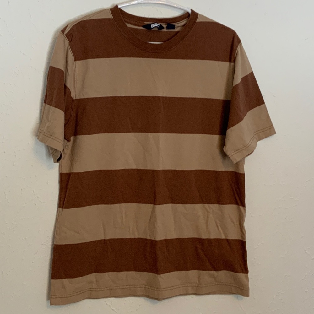 Lands' End Men's Brown and Tan Striped Short Sleeve Tee